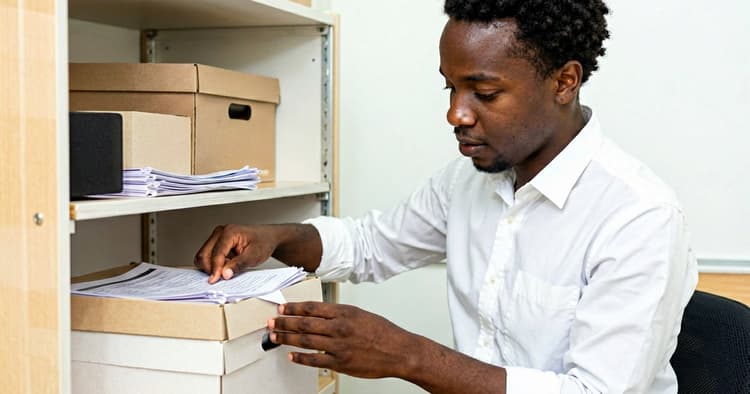 young professional organizing accounting document folders on an office shelf