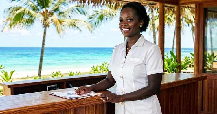 recepcionista de hotel a receber hóspede num balcão de lodge à beira-mar em Moçambique