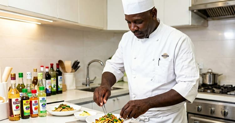 chefe de cozinha a preparar pratos num balcão de cozinha profissional de hotel