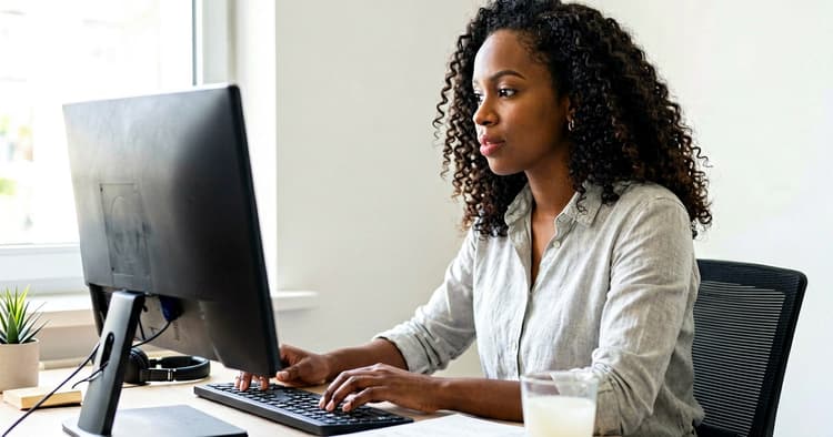 young Mozambican female professional working on a computer at home wearing headphones