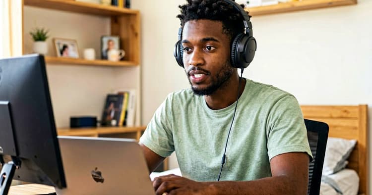 young Mozambican on a video call on a laptop at home, wearing headphones in a simple room
