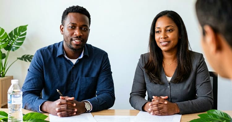 panel of two interviewers listening to a candidate in a small meeting room
