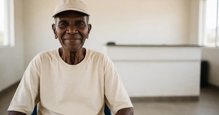 Elderly citizen receiving assistance regarding retirement in Mozambique at a public service counter