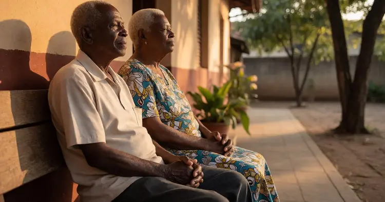 Elderly Mozambican couple at home, receiving an INSS old-age pension