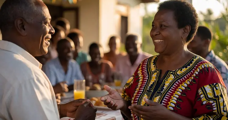 Traditional Mozambican wedding celebration with a dark-skinned family, five days of justified absence