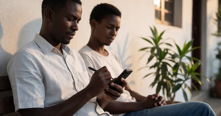 Dark-skinned Mozambican man writing an absence notice on his mobile phone to his employer