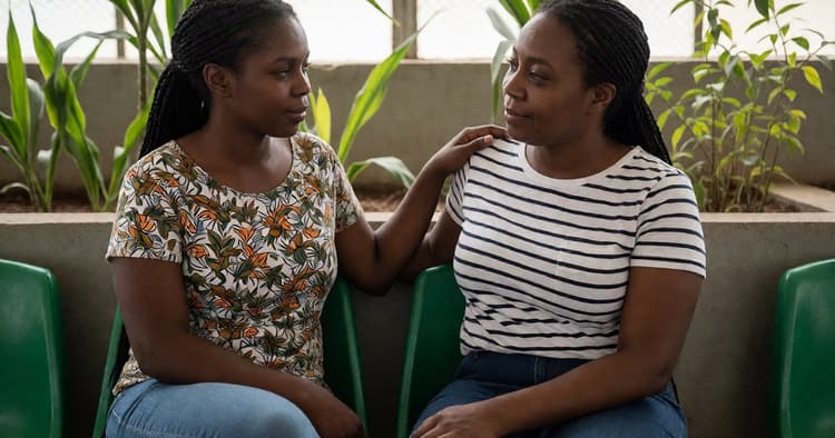 Two dark-skinned Mozambican female colleagues supporting and listening to each other at work