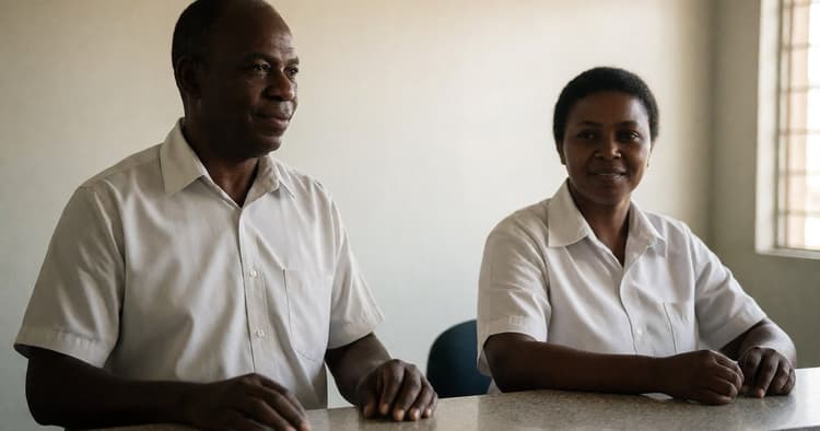 Employee at a labour office counter in Mozambique, reporting workplace harassment