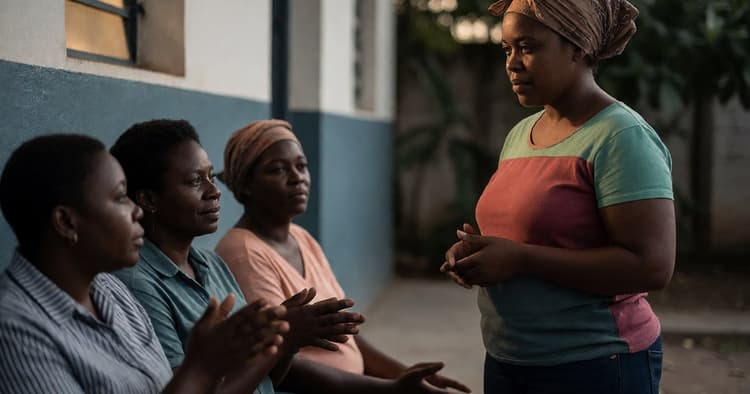 Trabalhadores moçambicanos de pele escura conversam no intervalo junto ao portão da fábrica