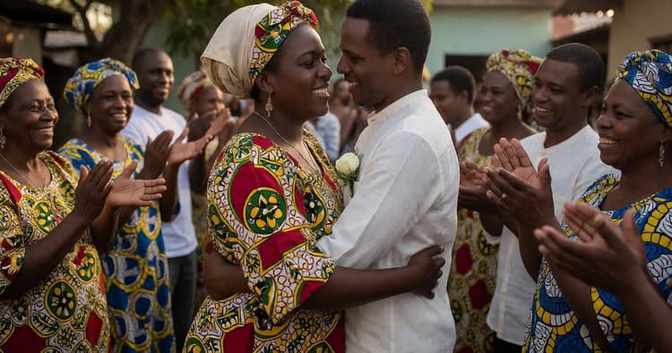 Work leaves in Mozambique: Mozambican family gathered in a family celebration in the courtyard of their home