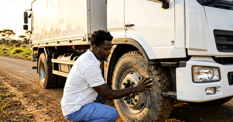 Truck driver checking a vehicle tyre on a dirt road in Mozambique