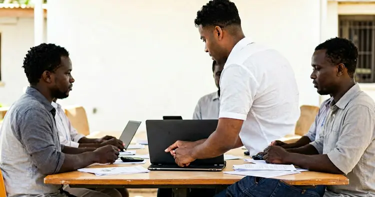 Young Mozambicans preparing a CV on a laptop, workspace