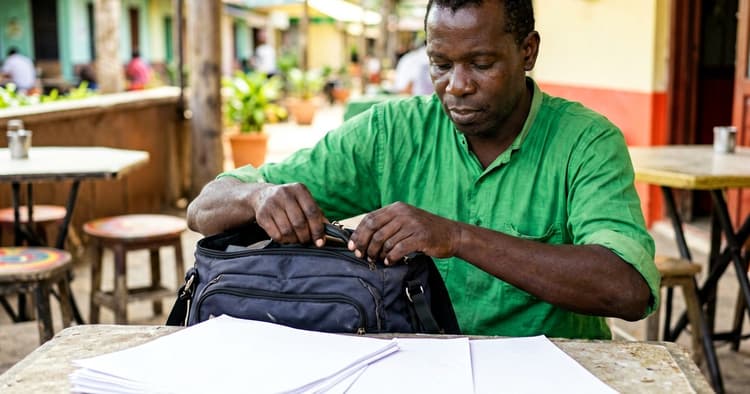Mozambican emigrant preparing a travel backpack with application documents