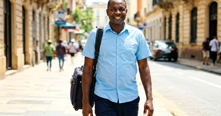 Mozambican man arriving in Lisbon with carry-on luggage, outdoors