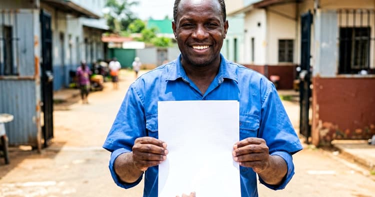 Mozambican worker receiving work certificate outdoors
