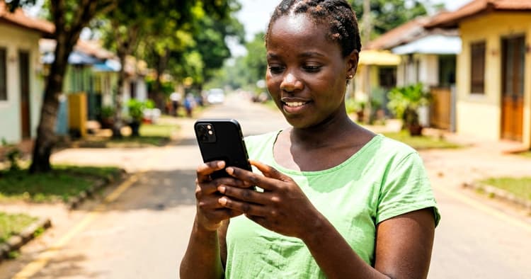 young Mozambican woman looking at disconnected mobile phone outdoors