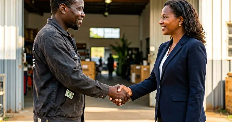Mozambican employer and worker reviewing fixed-term contract renewal terms in a warehouse