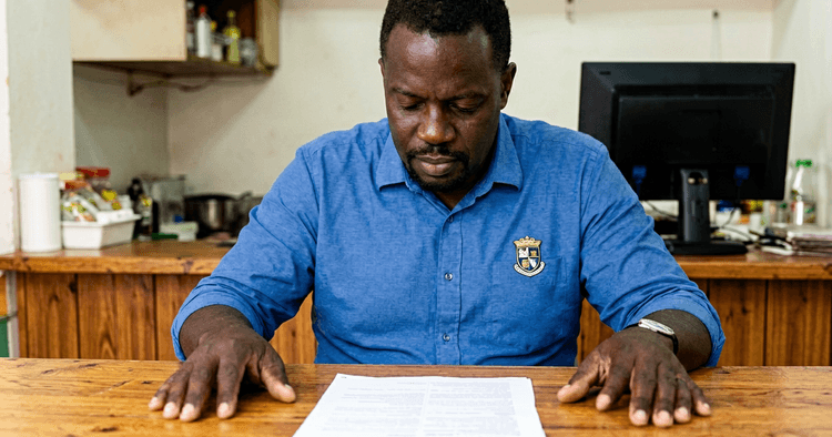 Mozambican employee signing the exceptional work register on a Sunday at a store counter, with no legible text
