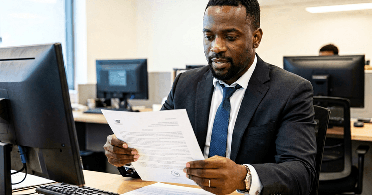 Mozambican worker handing a resignation letter to a manager, no readable text
