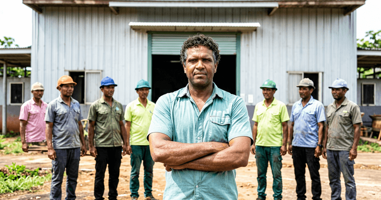 assembleia geral de trabalhadores numa sala industrial em Moçambique, colegas sentados e um homem a levantar a mão para votar, pele escura, sem texto legível