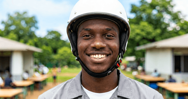 young Mozambican apprentice in vocational training in an outdoor workshop, plain white hard hat, chest-up portrait, no legible text