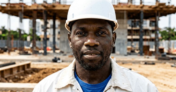 operário moçambicano de capacete branco num canteiro de construção grande em Moçambique, retrato de peito para cima, sem texto legível
