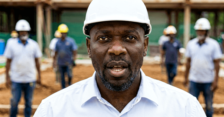 engenheiro moçambicano de capacete branco num canteiro de construção, retrato de peito para cima, sem texto legível