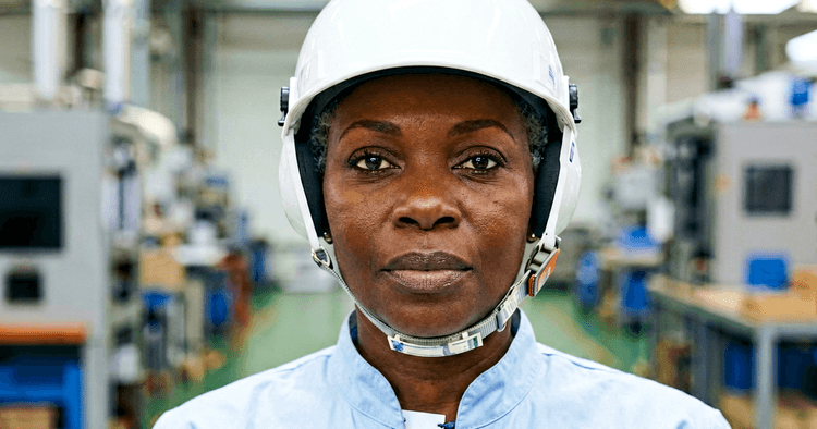 Mozambican female worker in white helmet at an industrial facility, chest-up portrait, no legible text