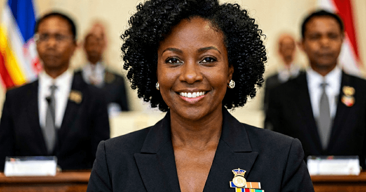 Mozambican woman in formal suit at an official ceremony, chest-up portrait, no legible text