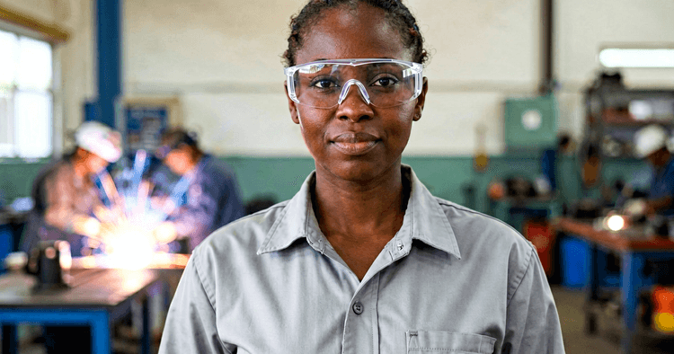 Young Mozambican woman in a workshop yard learning welding