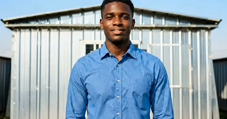 Young Mozambican doing a professional internship in an industrial warehouse, late afternoon