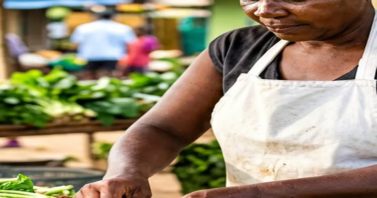 Mozambican vendor preparing fresh produce at a South African agricultural market