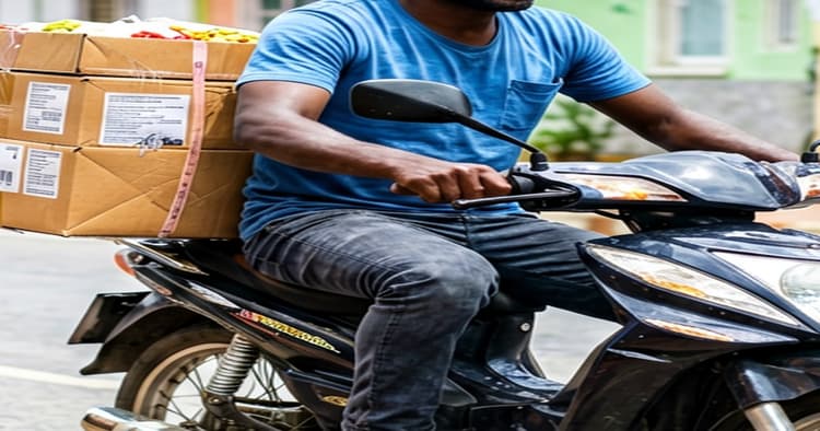 Young Mozambican delivering a food package by motorbike on a street in Maputo