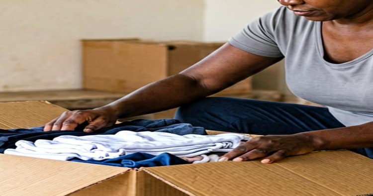 Mozambican woman packaging a clothing order for online sale at home