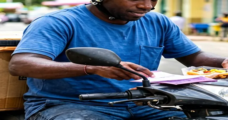 Mozambican bicycle delivery driver with thermal box crossing a Maputo street at sunset