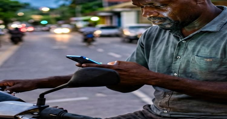 Mozambican motorbike delivery driver wearing helmet with delivery box, checking an order