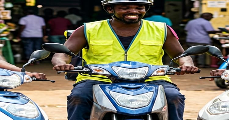 Smiling Mozambican motorbike delivery driver in yellow reflective vest on a busy Maputo street