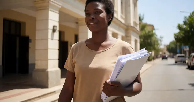 Mozambican candidate checking a suspicious job offer message on her mobile phone