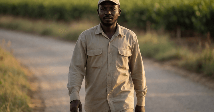 Field technician on a road with plantations in Zambézia at the end of the day