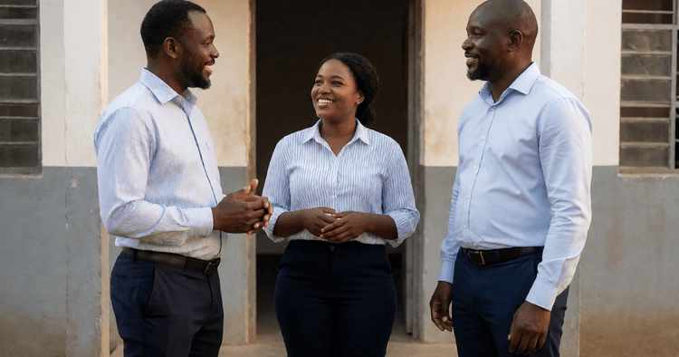 Three Mozambican professionals chatting in a company courtyard at the end of the day