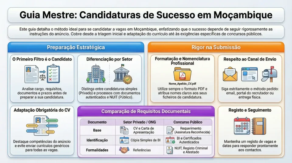 Fluxo com etapas para candidatar se a vagas em Moçambique