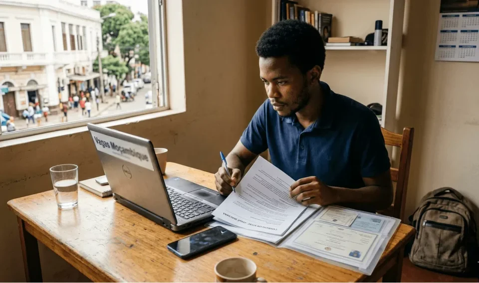 Jovem moçambicano a organizar currículo e documentos para candidatura de emprego num portátil