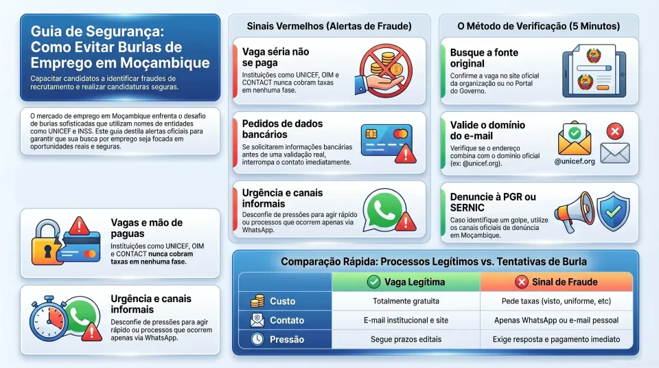 Infografico Alerta: falsas vagas de emprego em Moçambique — sinais que indicam burla