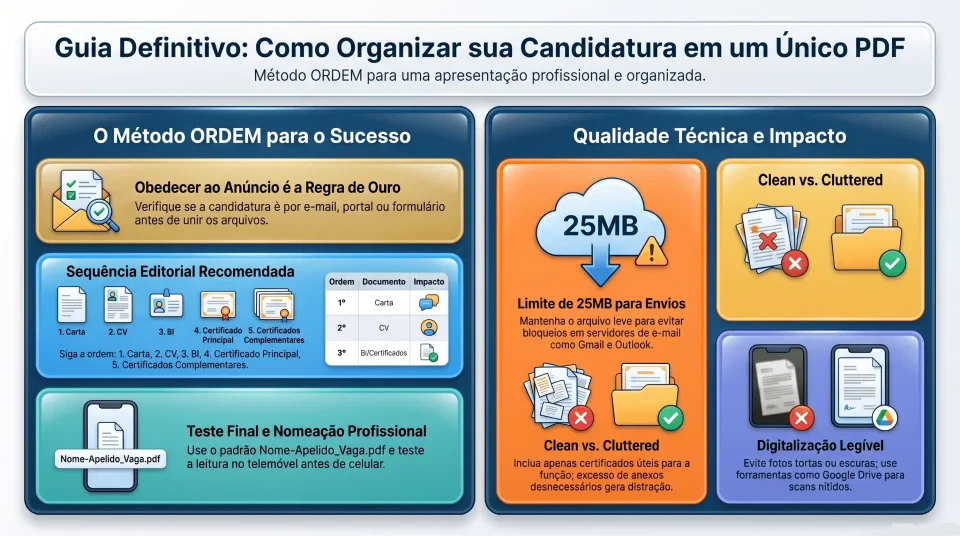 Infografico Candidato moçambicano a organizar CV, BI, certificados e carta para criar um único PDF de candidatura