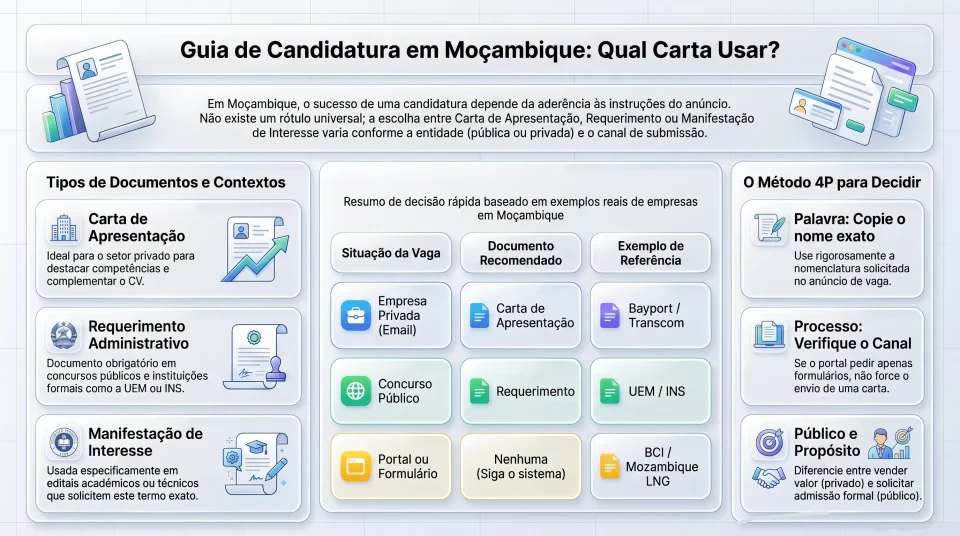 Infografico Carta de Pedido de Emprego vs Carta de Apresentação: Qual Usar em Moçambique e Quando