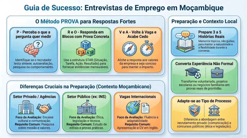 Infografico perguntas entrevista emprego mocambique respostas fortes sem soar decorado