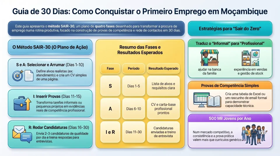 Infografico Primeiro Emprego em Moçambique: Plano de 30 Dias para Sair do Zero