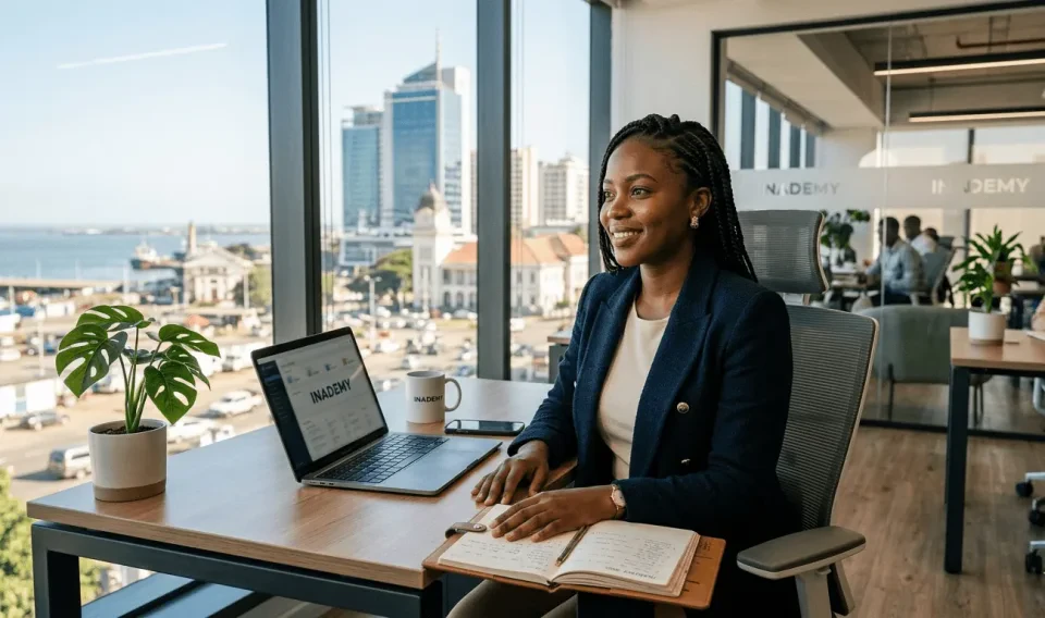 Jovem profissional moçambicana em escritório moderno em Maputo, simbolizando a conquista do emprego através do ecossistema Inademy