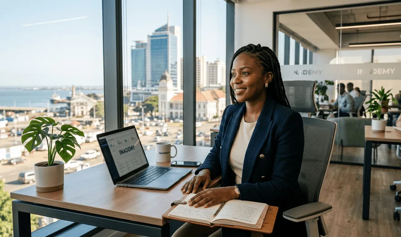Young Mozambican professional in a modern office in Maputo, symbolizing her achievement of securing employment through the Inademy ecosystem.