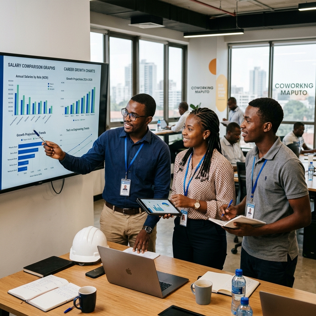 Mozambican professionals analysing top career salaries and growth data on screen